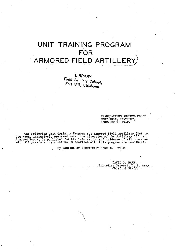 93 Page 1942 Unit Training Program Armored Field Artillery Study on Data CD