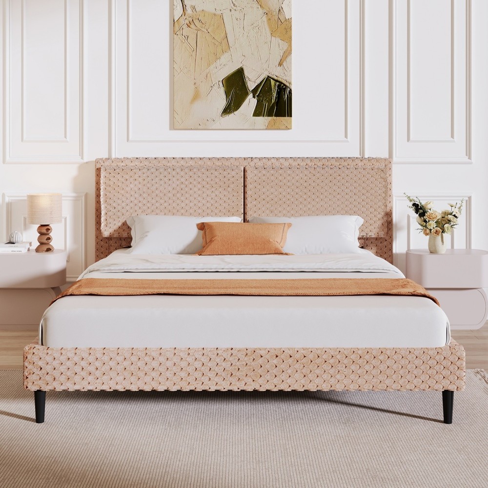 Queen/King Size Modern Upholstered Platform Bed Frame w/ Camel Plush Headboard