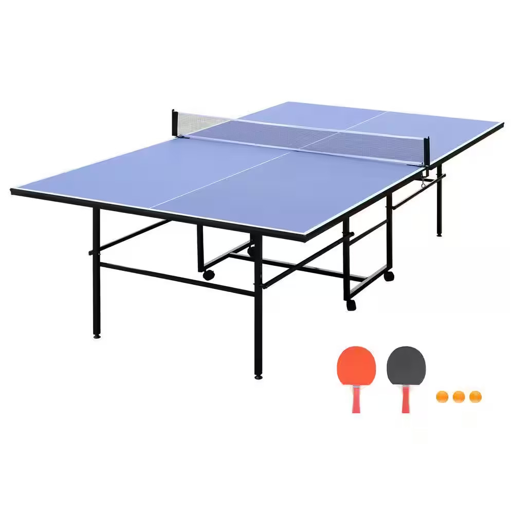 9 Ft. Mid-Size Foldable Table Tennis Table Ping Pong Table Set with Net, 2 Paddl