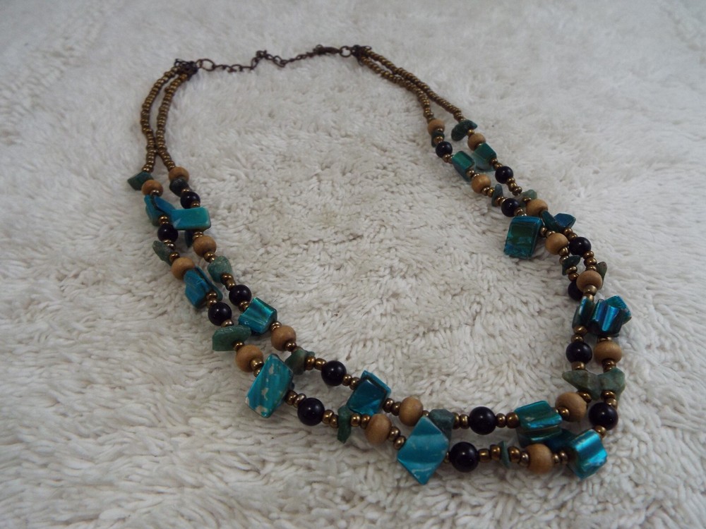Brown Glass Blue Shell Two Strand Necklace (D39)