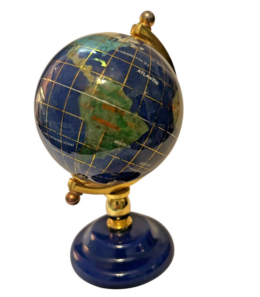 Blue Lapis Semi-Precious Gemstone Tabletop Globe Gold Stand 5.5"