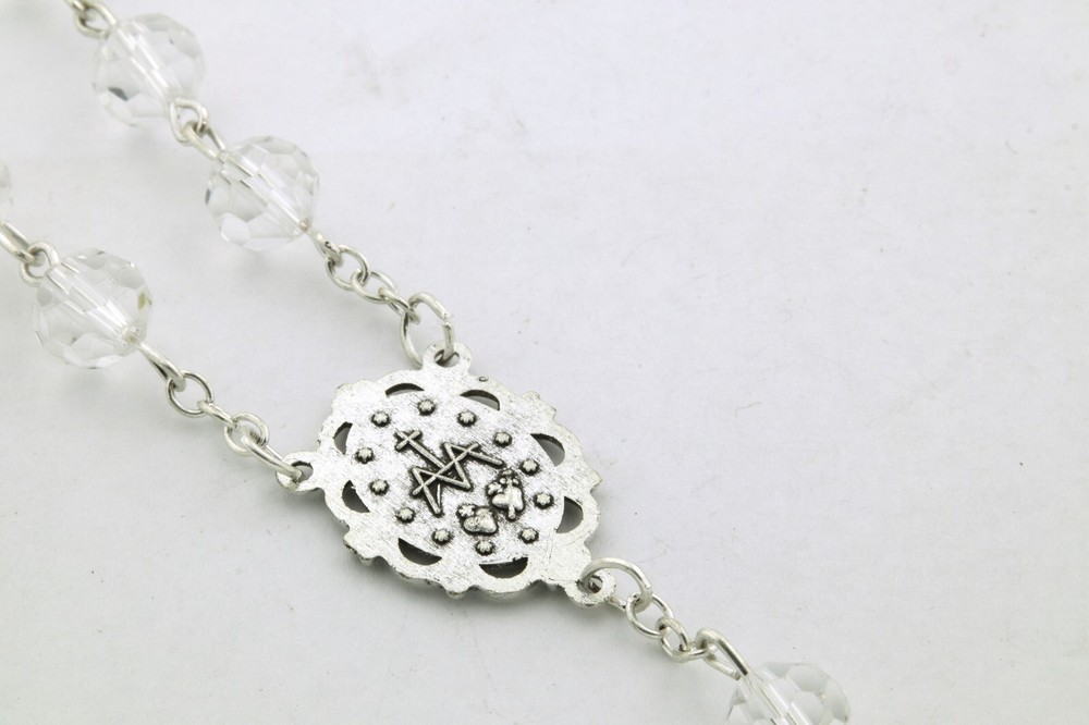 Silver Tone Miraculous Medal Faceted Clear Glass Prayer Bead Auto Rosary 7.5 In