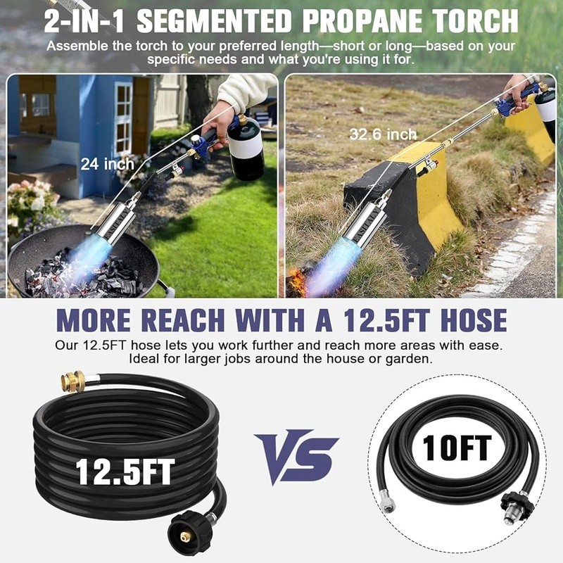 Propane Weed Torch Kit Dual Mode 12.5FT Hose Igniter Adjustable Flame Control US
