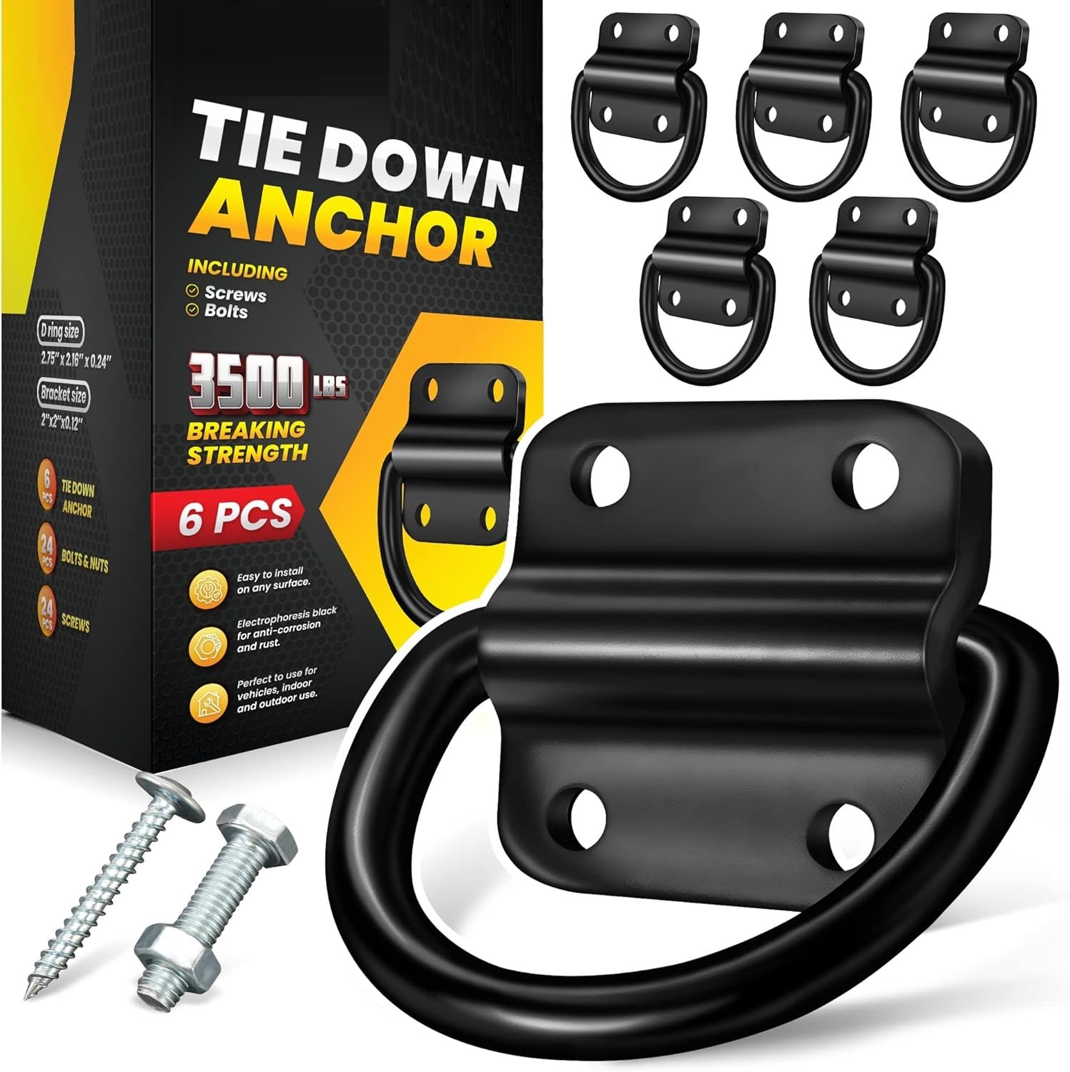 6PCS Cargo Tie Down Anchors – 3500 LB Heavy Duty D Rings for Trailers, Truck Bed