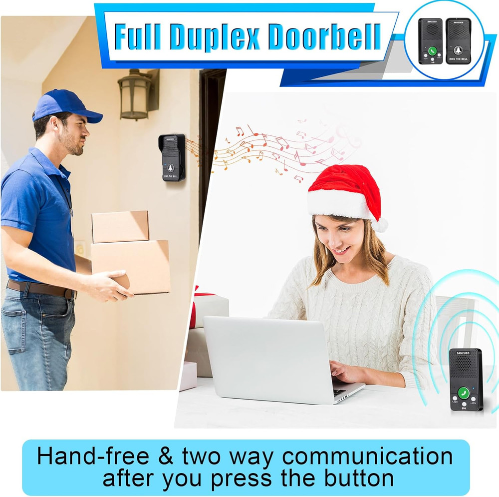 Hands-Free Wireless Doorbell Intercom - 1000ft Range, Waterproof, LED Flash