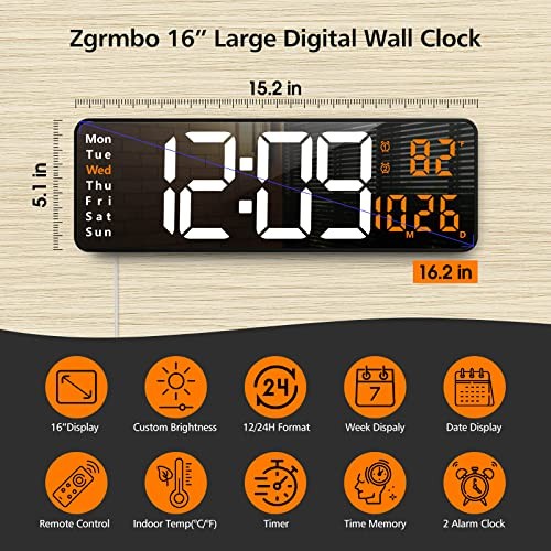 16" Large Digital Wall Clock with Remote, Large Display LED Wall Clock White