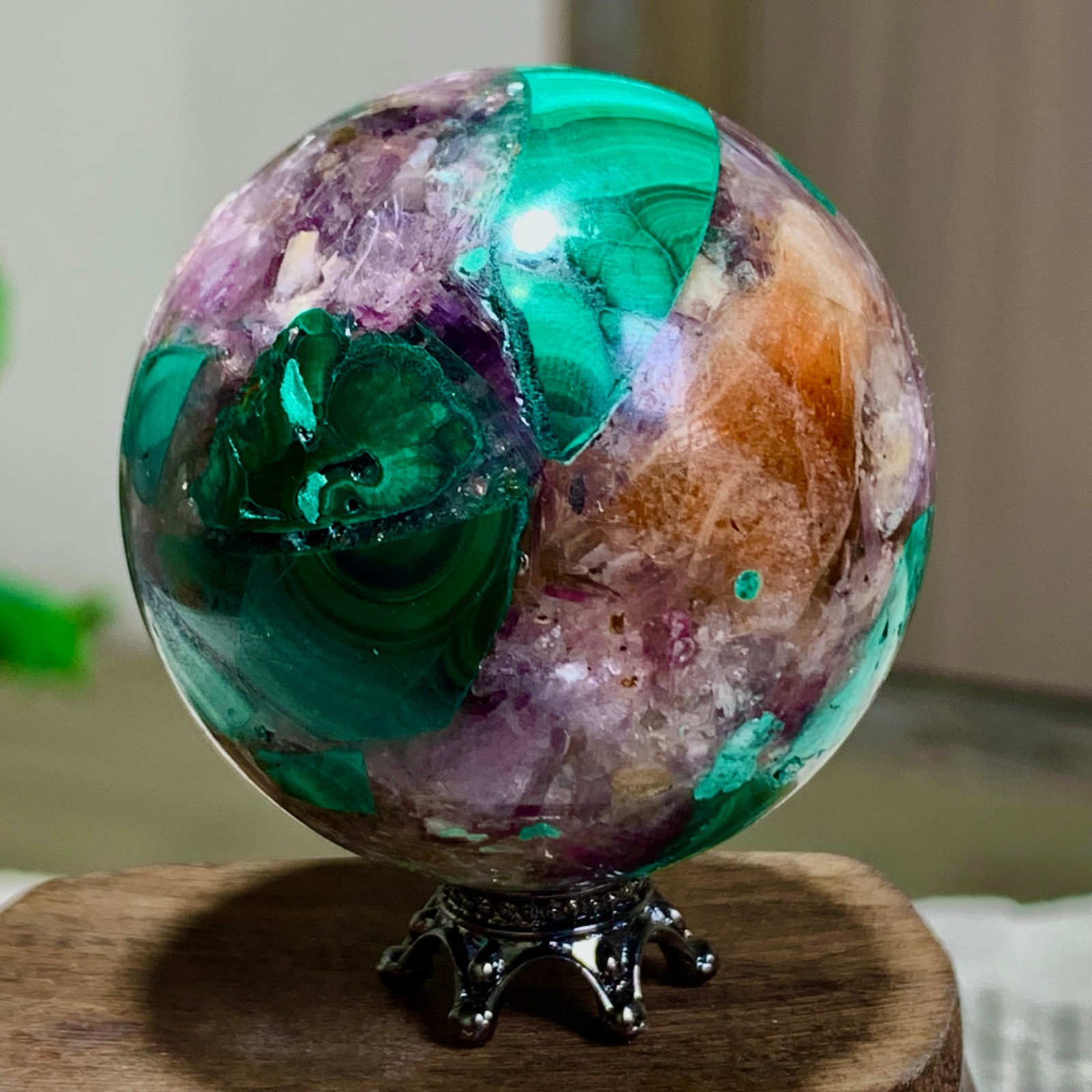 108G Newly discovered rare malachite purple mica symbiotic sphere restoration