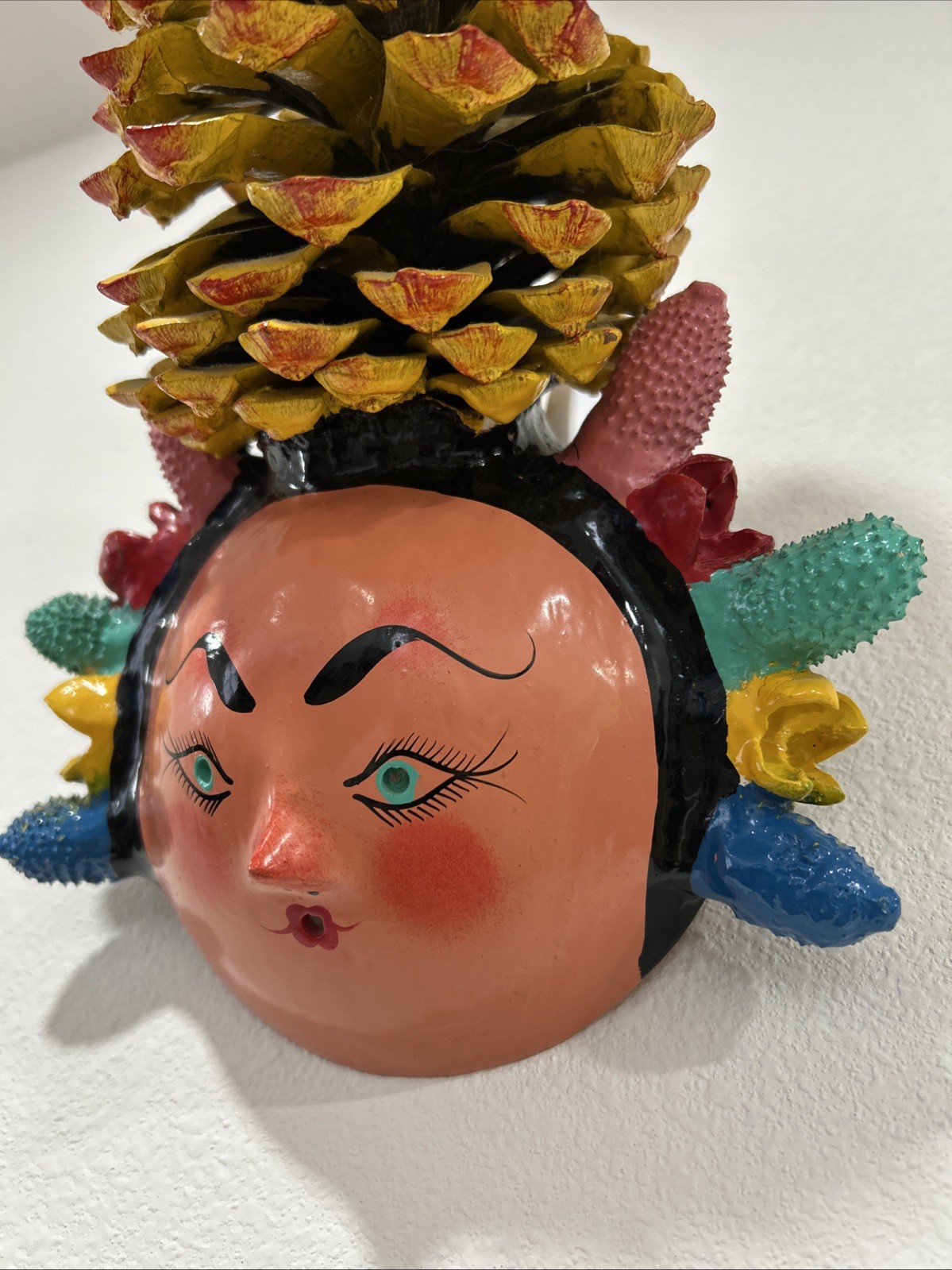 Rare Vintage Mexican Folk Art Coconut Mask With Cactus Seedpod Braids & Pinecone