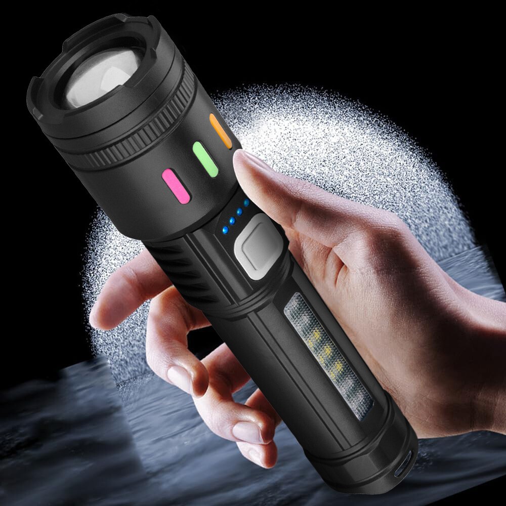 Super Bright P50 LED Tactical Flashlight with COB Side Light 5 Modes Zoomable