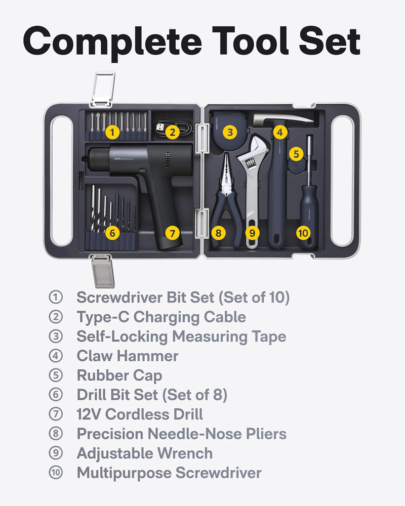 HOTO Cordless Brushless Drill Tool Set, Variable Speed, Hidden Buckle, Unique LE