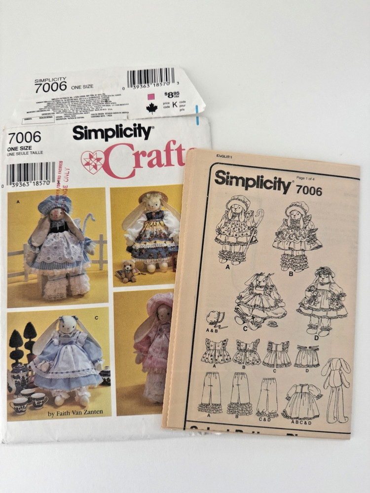 Simplicity Sewing Pattern 7006 18" Bunny & Clothes 4 Outfits UNCUT/FF