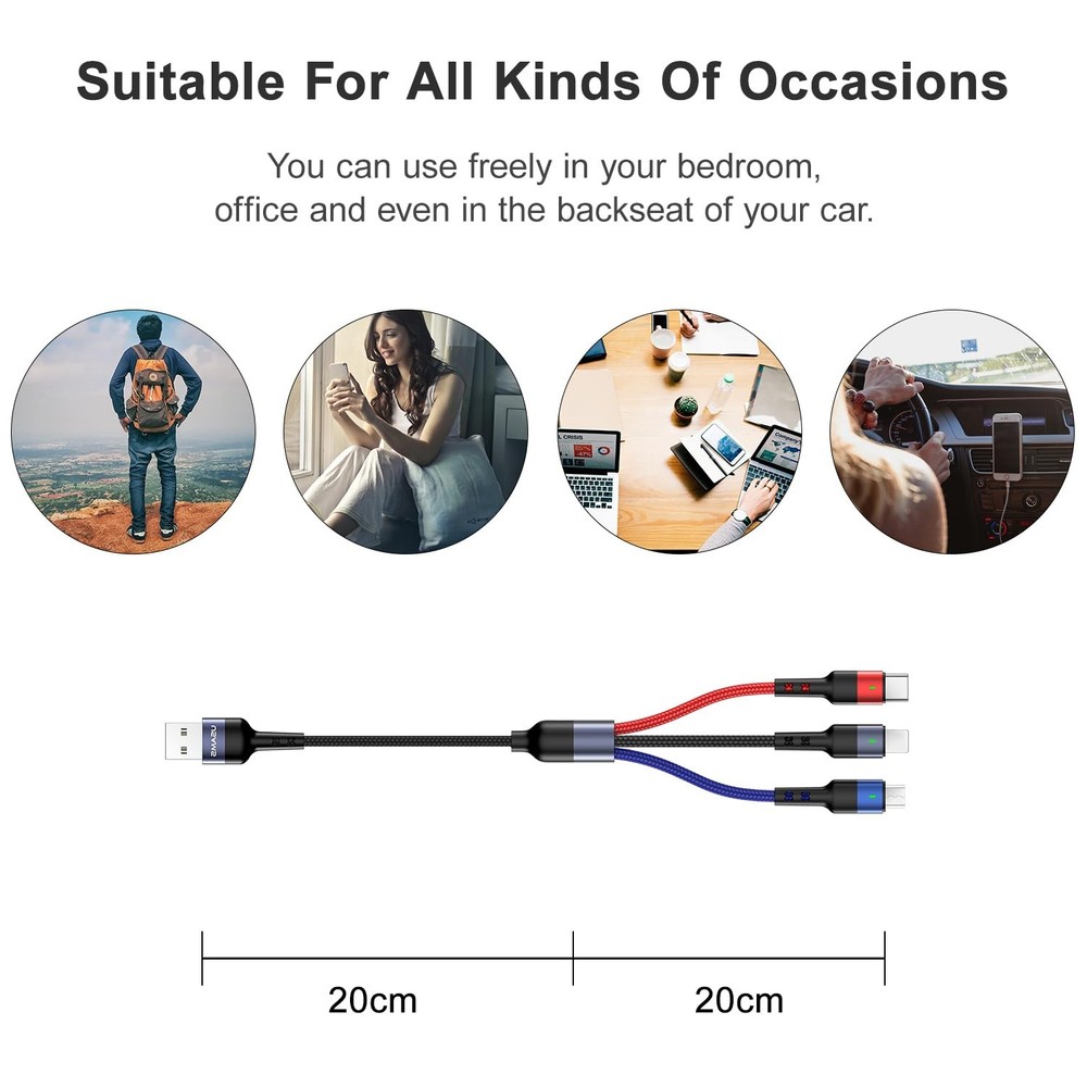 USAMS 2Pack Multi Charging Cable Nylon Braided Short 1FT 4 1ft, Multicolored