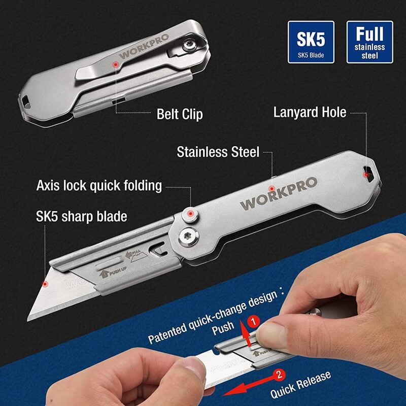 WORKPRO 3-Pack Folding Utility Knife Set Quick Change Blade Box Cutter EDC Knife