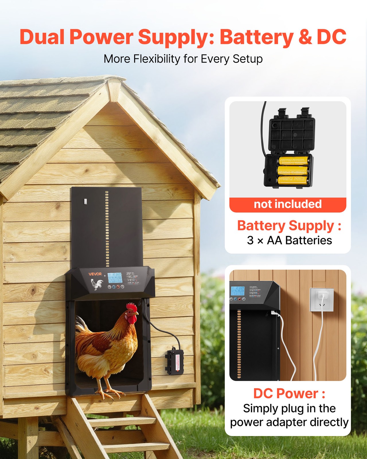 VEVOR DC & Battery Powered Automatic Chicken Coop Door Opener Light Sensor Timer