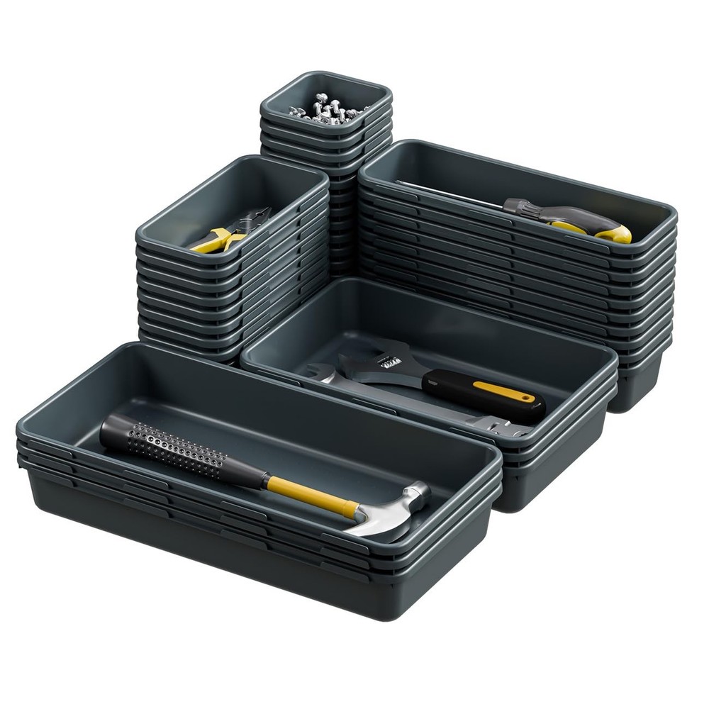 38PCS Interlocking Desk Drawer Organizer Tray Divider Set, Plastic Black Desk...