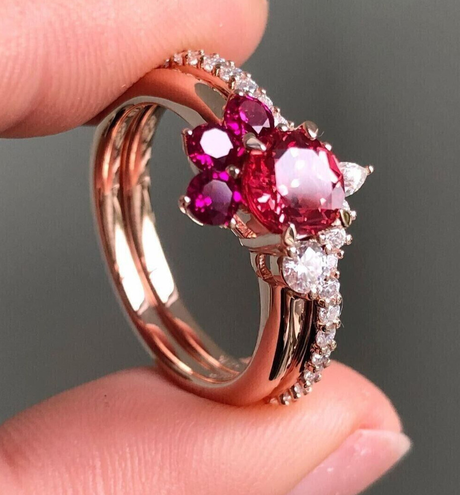 Women's Lab Created Ruby & Diamond Classic Wedding Bridal Set Ring 925 Silver