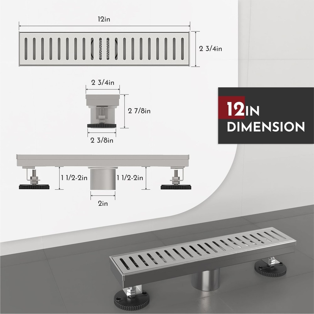 12 Inch Shower Linear Brushed Drain Rectangular Floor Drain with Accessories ...