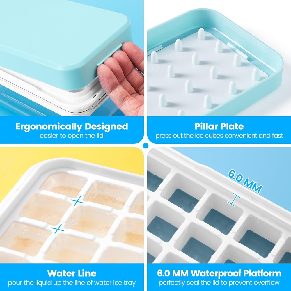 2PC Ice Cube Tray with Lid and Bin 56 Cubes BPA Free Easy Release Stackable
