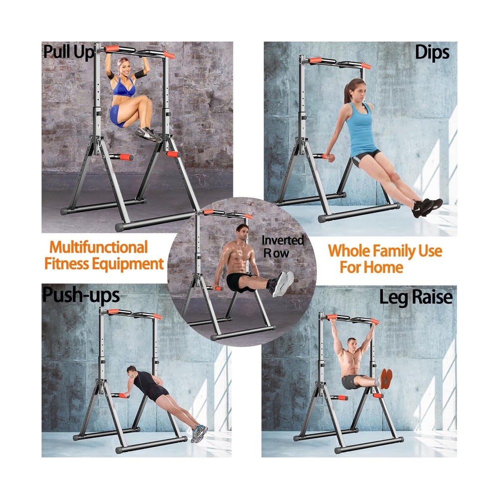 DOBESTS Foldable Power Tower Dip Station Pull Up Bar Station Adjustable Multi...