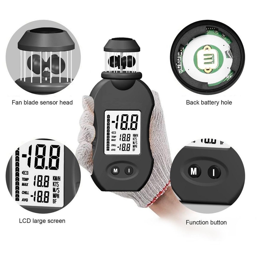 Digital Anemometer, Multifunction Anemometer, HP876 Handheld Wind Meter 0.742 m/s...
