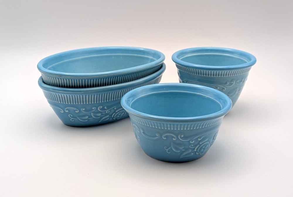 TST Oven Serve Ware Light Blue 4pc Set Oval Baker Ramekin Custard Cup VTG