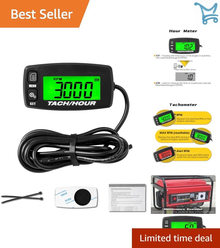 Digital Tachometer Hour Meter Waterproof Backlit Battery Replaceable for Engines