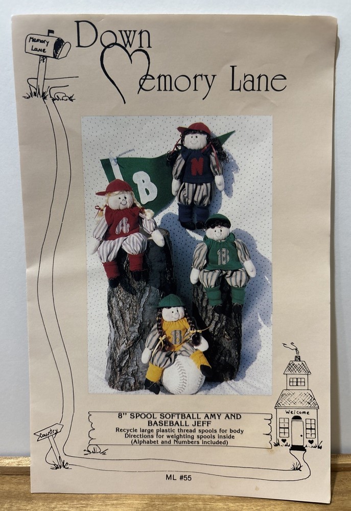 8" Spool Softball Amy & Baseball Jeff Doll Patterns #ML55 Down Memory Lane NOS