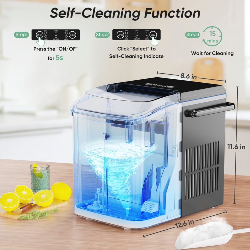 Black Portable Countertop Ice Maker 9 Ice Cubes in 6 Mins, Self-Cleaning