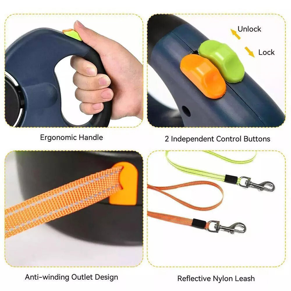 Retractable Dual Pet Leash Lead 360 Swivel Reflective Double Dog Walking Leashes