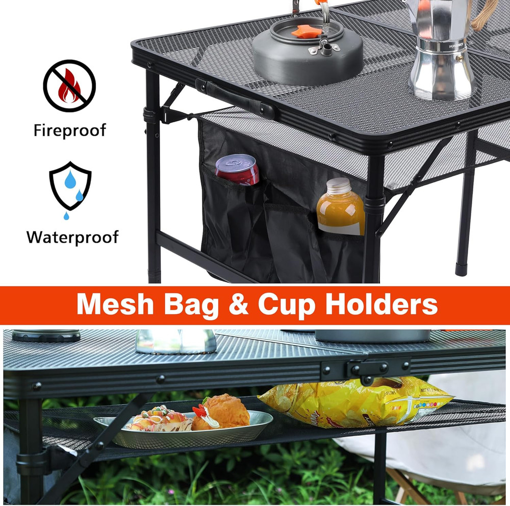 Folding Grill Table, 3X2 FT Portable Camping Table, Height Adjustable Metal Tabl