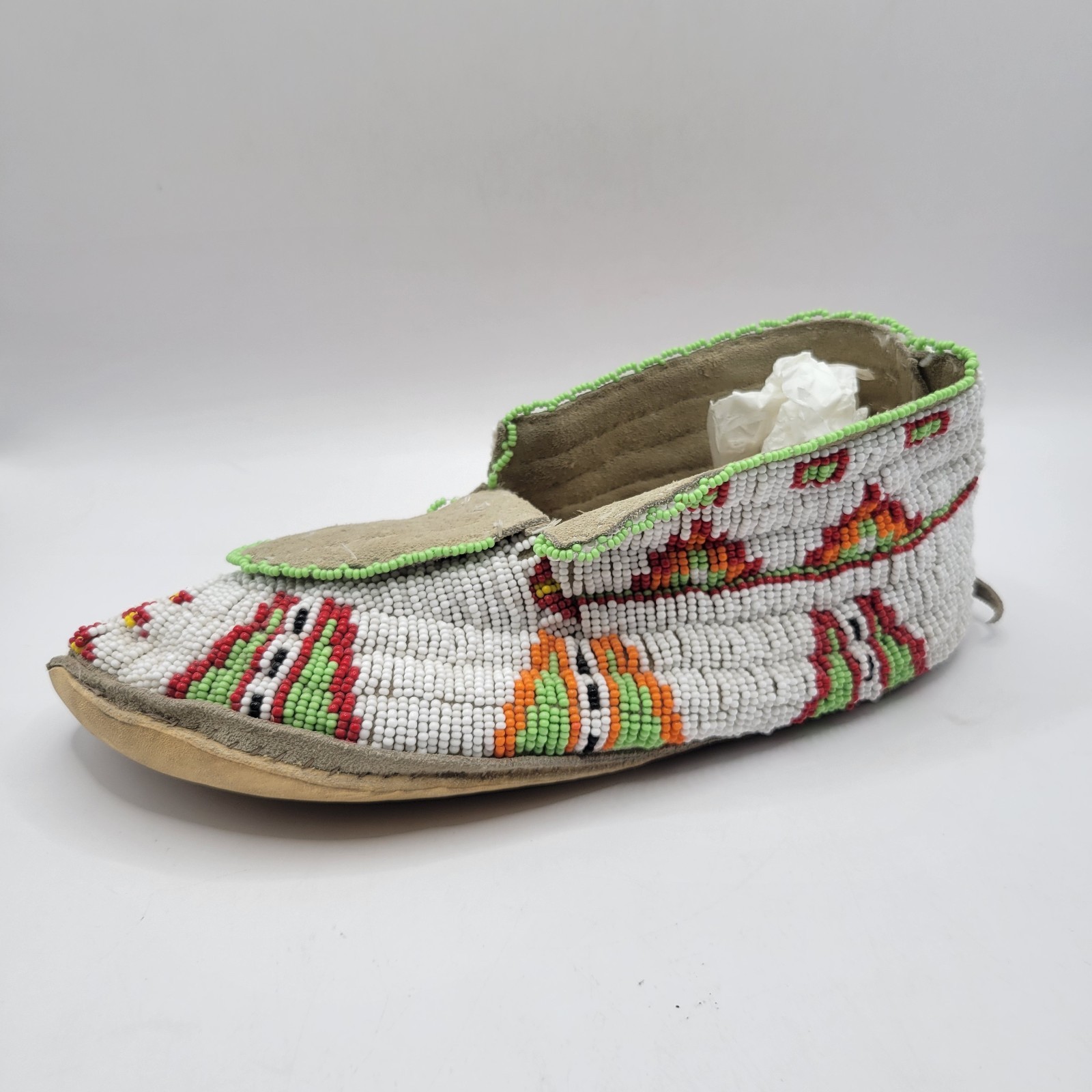 Vintage Plains Indian Beaded Moccasin Single Fully Beaded Leather Sole