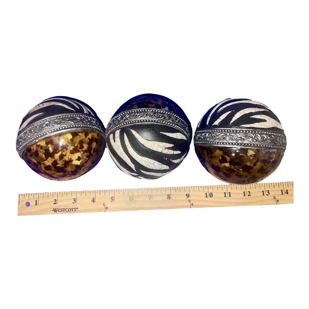 3 Decoritive Orb Set - Zebra, Leopard, Silver 4 inch diameter