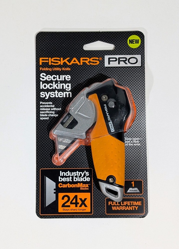 Fiskars Pro Retractable Folding Utility Knife - Box Cutter with CarbonMax Bla...