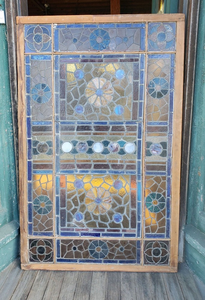 LARGE ANTIQUE STAINED GLASS WINDOW 36 BY 57