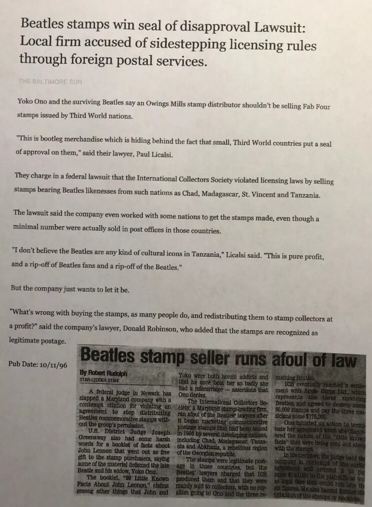 Beatles Stamps Rare NM CoA International Collector's Society - Tanzania Stamps