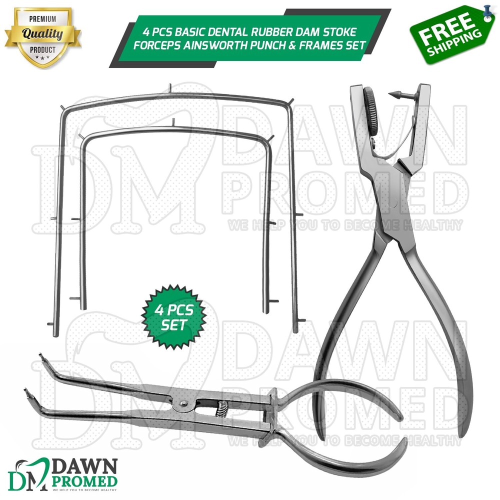 4 Pcs Basic Dental Rubber Dam Ainsworth Punch Stoke Clamp Forceps & Frames Set