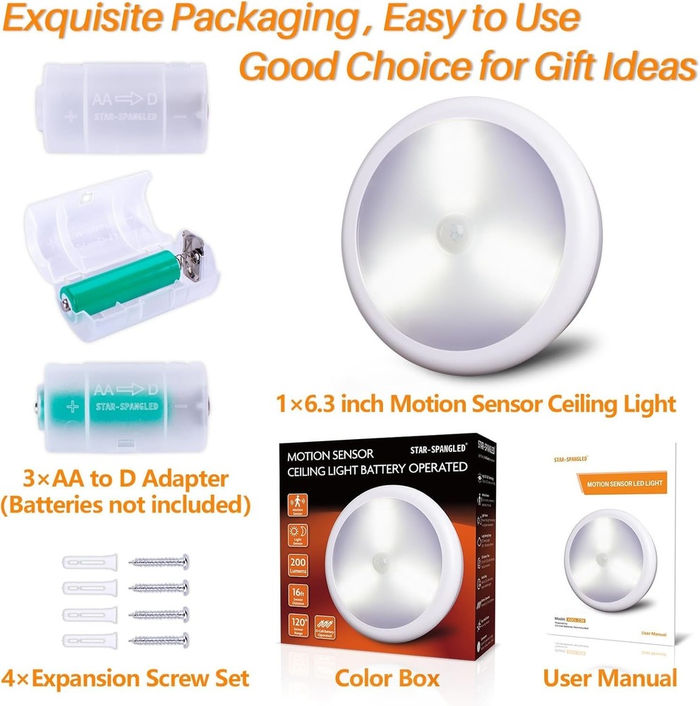 6.3” Motion Sensor Ceiling Light Indoor AA or D-Cell Battery Operated for Hal...
