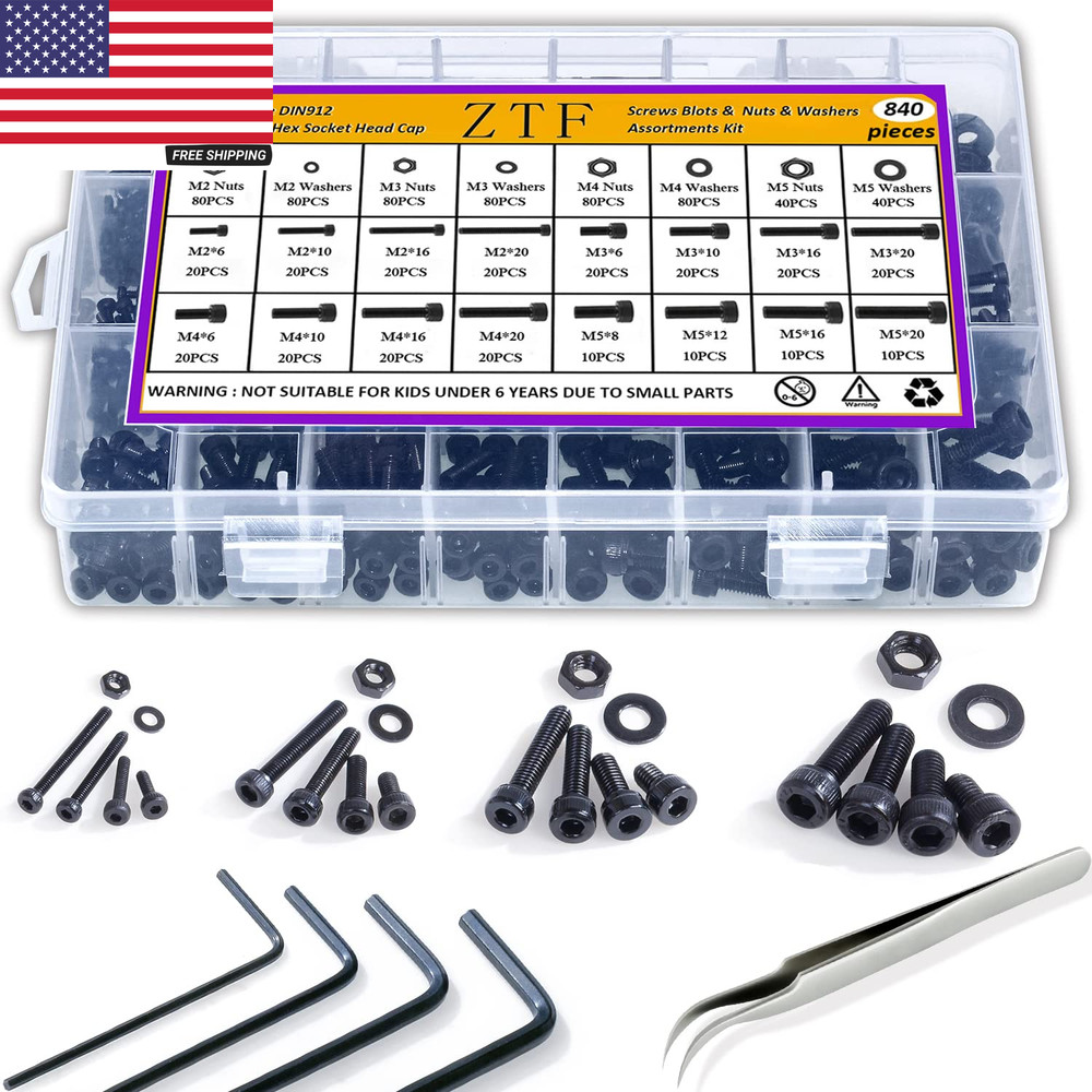840PCS M2 M3 M4 M5 Socket Head Cap Screws Nuts Assortment Kit with Storage Box,