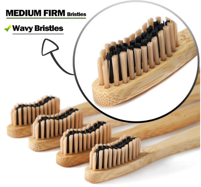 Bamboo Toothbrushes 10 Pack Biodegradable Soft Medium Charcoal Bristles