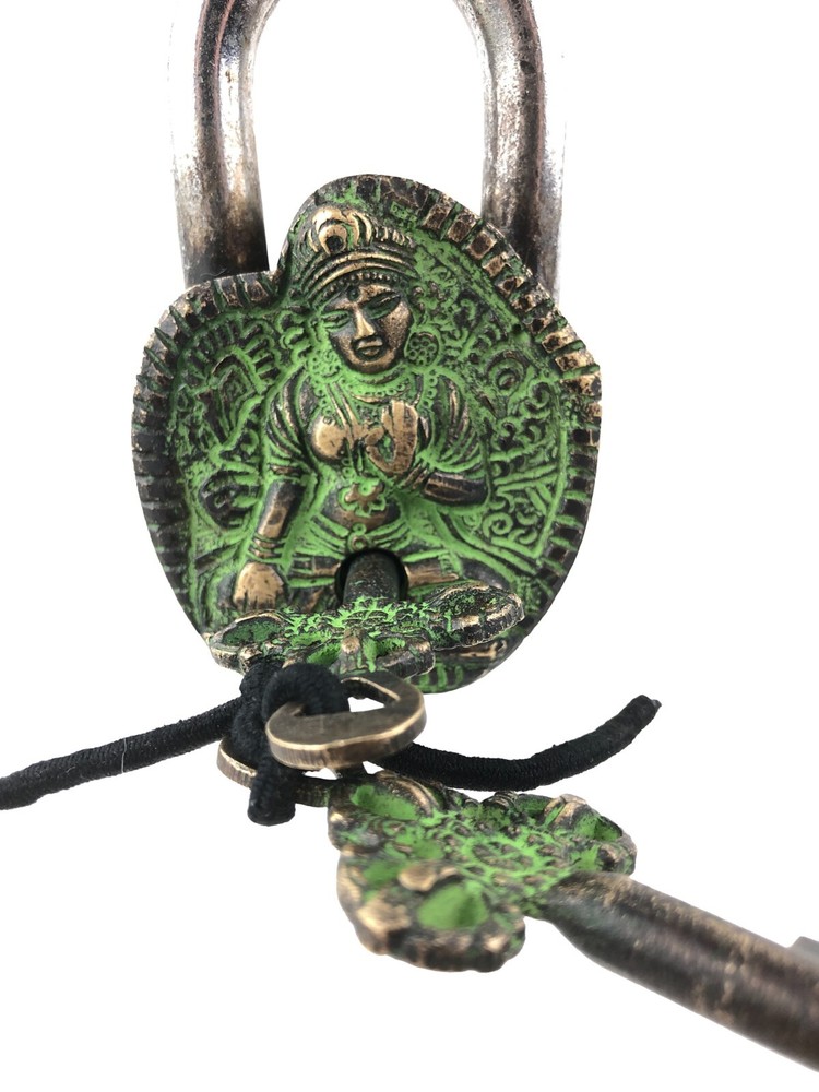 Tibetan Deity Tara Design Padlock Victorian Style Solid Brass Padlock w/ 2 Keys