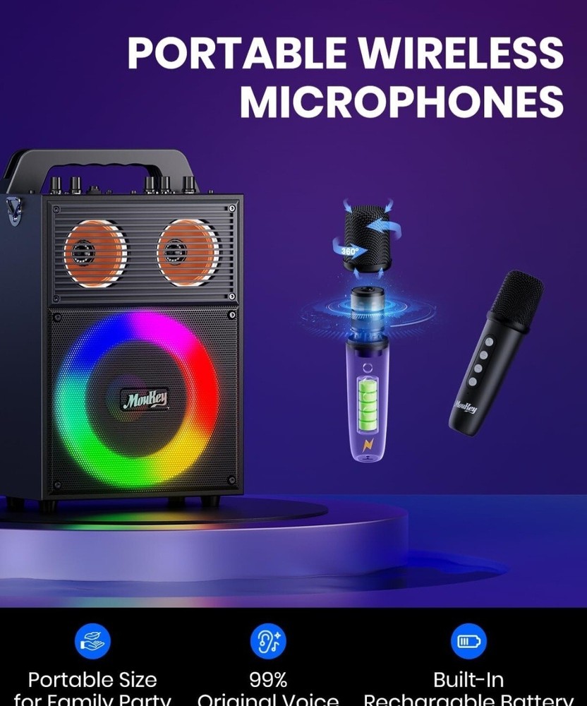 Moukey Karaoke Machine Gray Portable Bluetooth PA System Bluetooth Speaker 150W