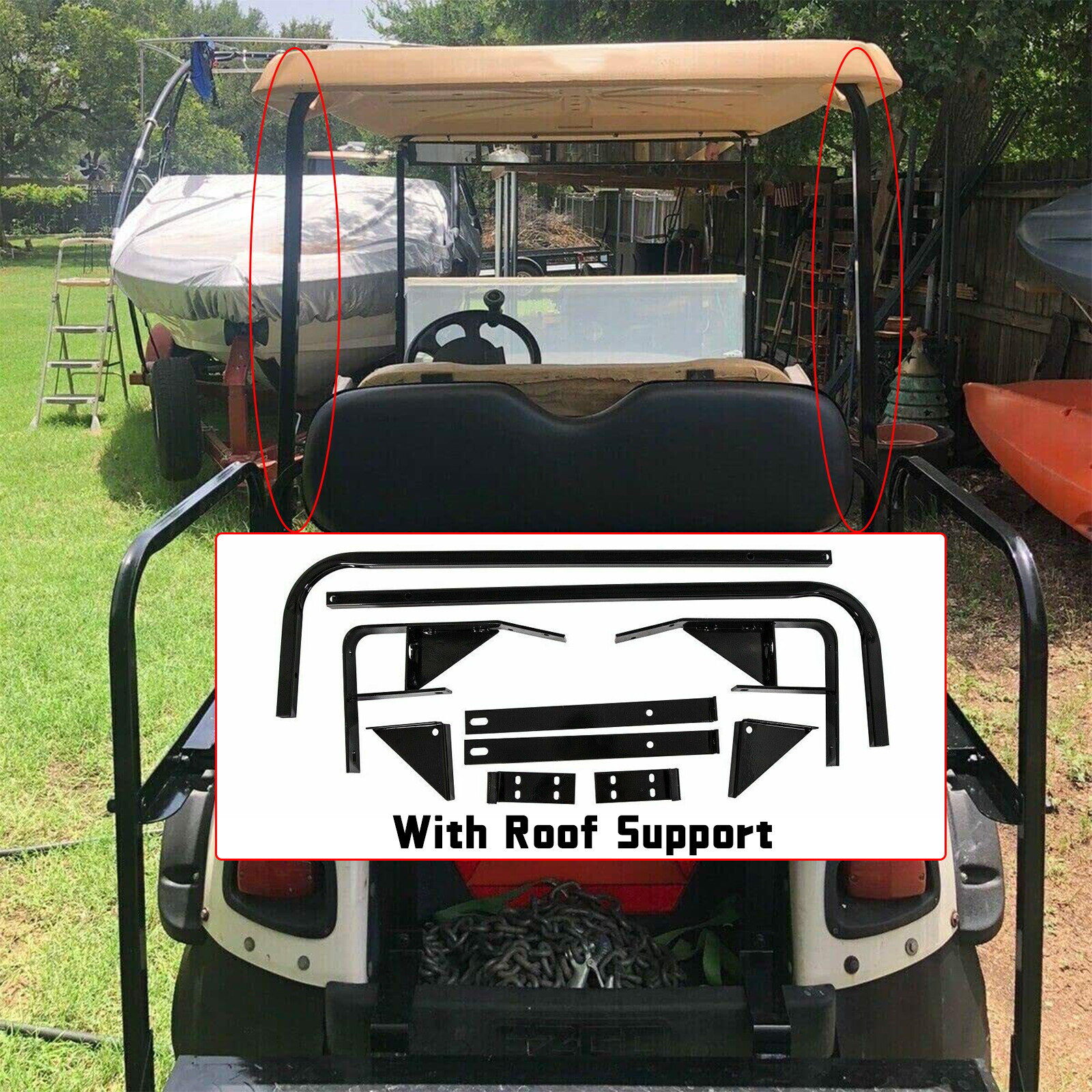 For EZGO TXT Golf Cart Flip Folding Rear Back Seat with Roof Support Kit - Black