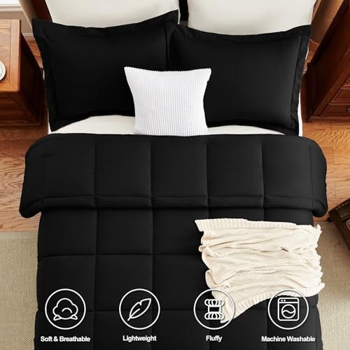 Comforter Set - 3 Pieces Box Stitched Comforters Size, Soft Bed Queen Black