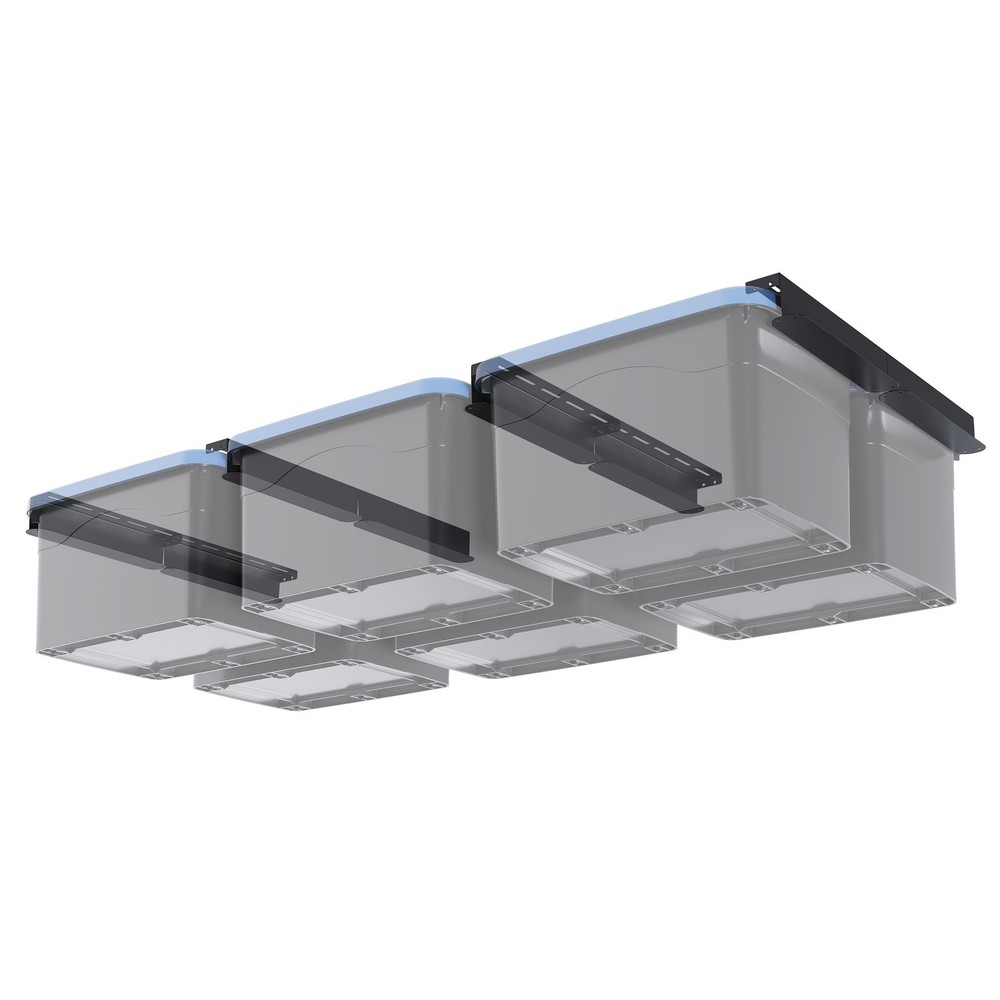 Heavy Duty Black Overhead Storage Rack for 6 Tote Bins Connectable Ceiling Rails