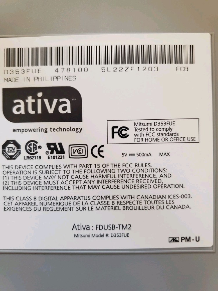 Ativa External Floppy Disk Drive 1.44 MB 3.5" USB Device UNTESTED