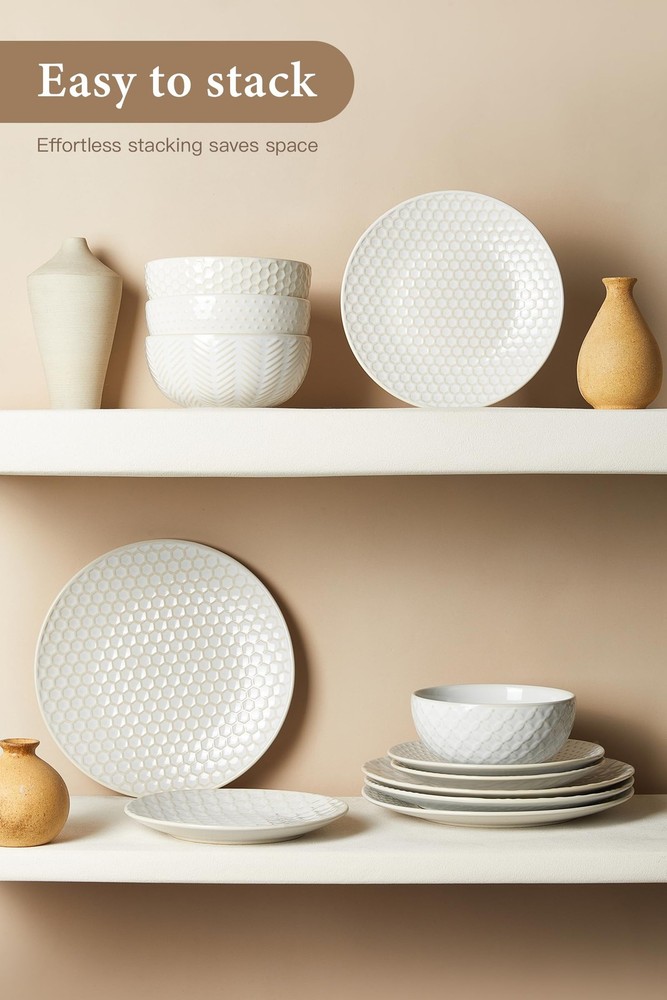 24 Piece Dinnerware Sets for 8, Service 8 (24pcs), White-Mixed Embossment