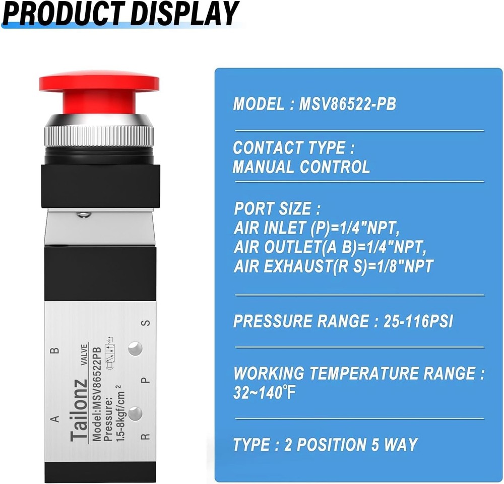 TAILONZ PNEUMATIC 1/4”NPT Automatic reset type Push 5 Way 2 Position, Red
