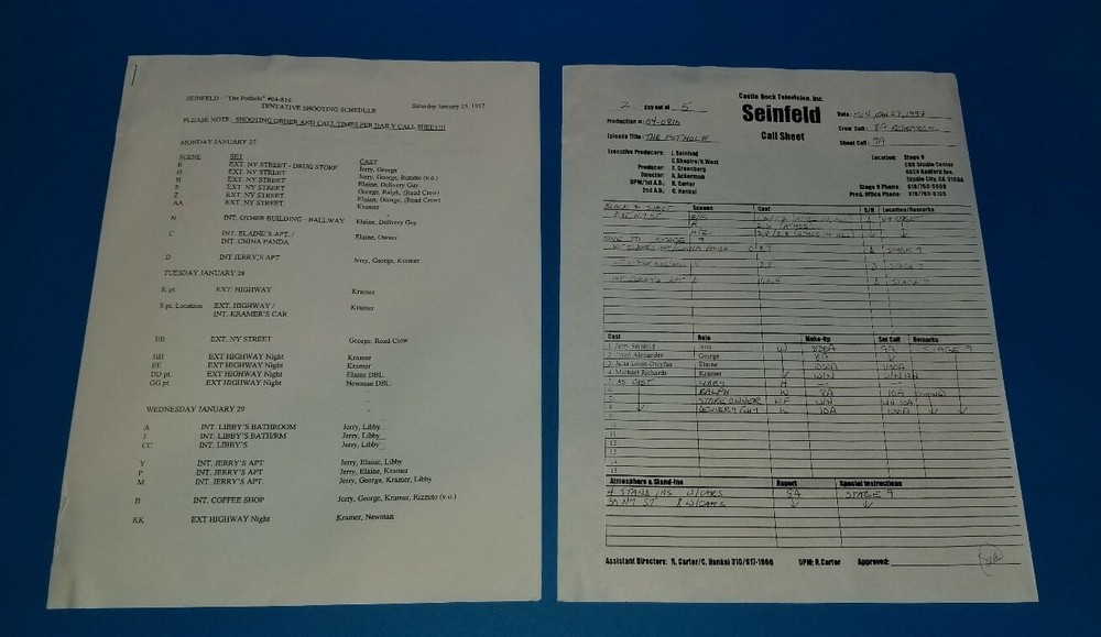 Jerry Seinfeld owned Original SCRIPT for The Pothole CALL SHEET Personal Owned