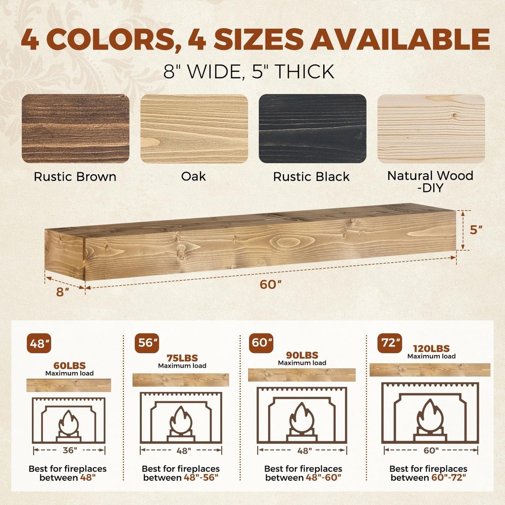 60x8x5 Fireplace Mantel - Handcrafted Rustic Solid Wood Wall Mounted Floating...