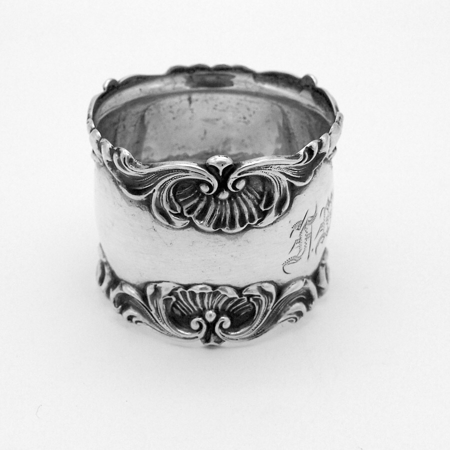 Shell Scroll Border Napkin Ring Sterling Silver Mono AWH